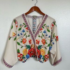 Flying Tomato Blouse Beige Floral 70s Faux Wrap Boho Women Small Whimsical Crop